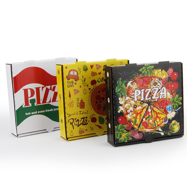 Custom Printed Pizza Boxes: three complete boxes with different custom colors, logos, and artwork on a white background