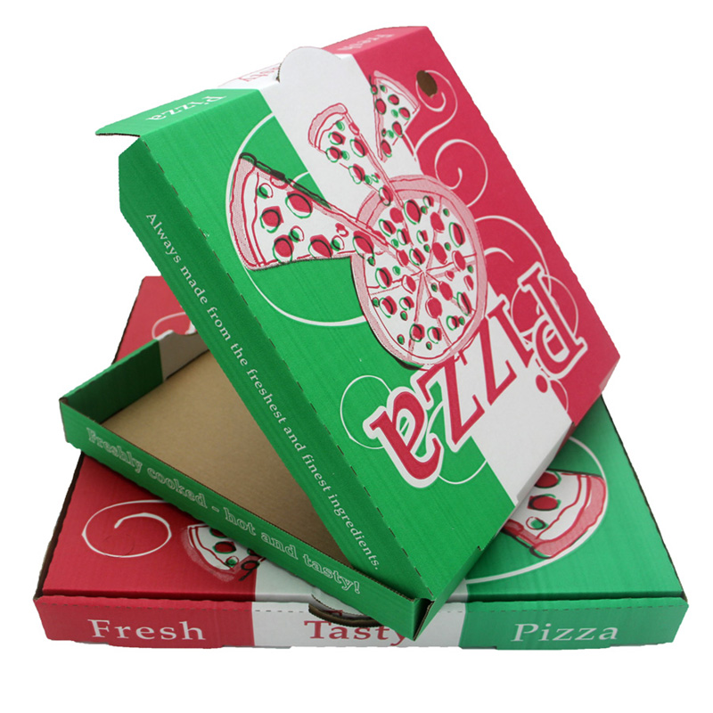 Red and green printed pizza boxes with an open lid and the complete box structure visible