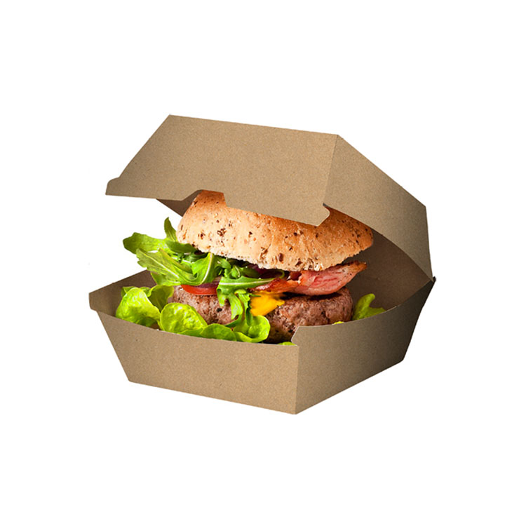 Open unprinted brown burger box with a burger, complete lid and base visible