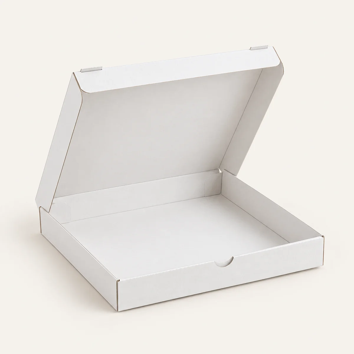 Concept white pizza box with its complete lid and base visible